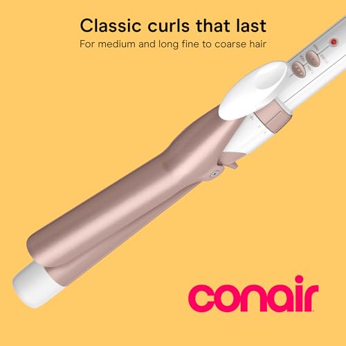 Conair Curling Iron, Double Ceramic, 1-in. Barrel, White/Rose Gold | Hair curler and hair waver for medium to long hair, 30 heat settings, dual voltage, built-in heat protection, auto-off
