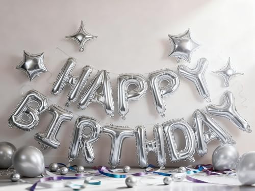 Silver Happy Birthday Balloons Banner Sign Mylar letter Party Decoration | Include Aluminum Foil Four、Five Pointed Star Suitable for Kids, Men, Women, Boys and Girls, Properly Stored and Reusable.