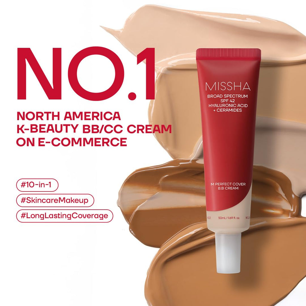 MISSHA M Perfect Cover BB Cream No.23 Natural Beige SPF 42 PA+++ 1.69 oz | Light-medium cool-neutral skin; tinted moisturizer for face, buildable coverage, smooth natural finish, daily wear