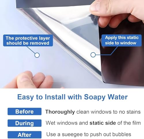 Upgraded One Way Window Privacy Film Sun Heat Blocking, 17.5" x 78.7" | Reflective Mirror Window Tint for Home Glass Windows Cover See Out Not In, Static Cling, Anti-UV, Anti-Glare, Black-Silver