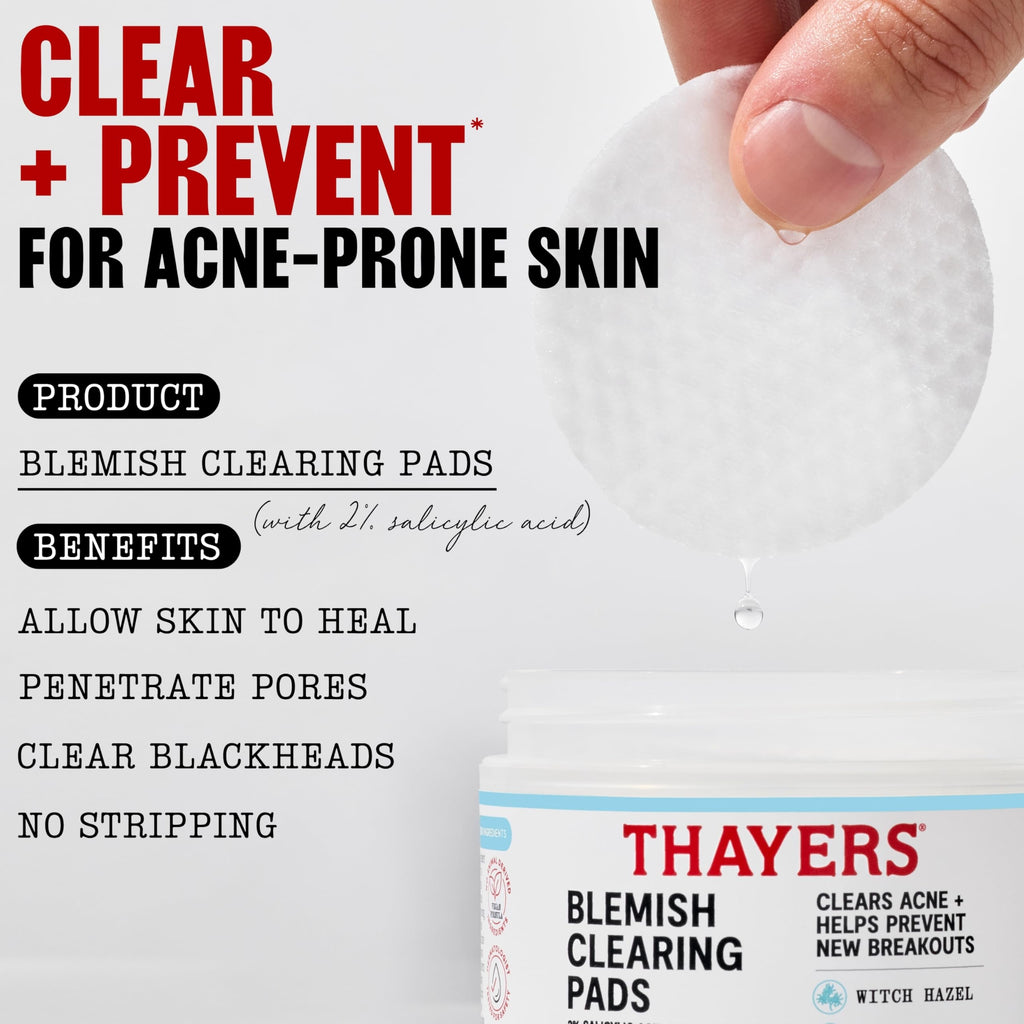 THAYERS Blemish Clearing Acne Pads, Salicylic Acid Acne Treatment, 60 Ct | Pore Reducing, Exfoliating, and Soothing Skincare, Witch Hazel Toner Pads, Help Prevent New Breakouts, Alcohol & Paraben Free