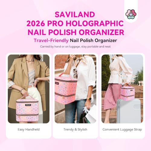 SAVILAND PU Leather Nail Polish Organizer Bag for Nail Tech, Pink | Holds 30 Bottles & Nail Lamp, Waterproof, Double-Layer, Adjustable Divider, Nail Organizers and Storage for Home and Travel