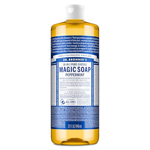 Dr. Bronner's Peppermint Pure-Castile Liquid Soap, Hand Soap, 32 oz | 18-in-1 Uses: Body Wash & Hand Soap for Men and Women, Shampoo, Face, Laundry, Floors, Cars, Pets - Fair Trade & Organic Oils