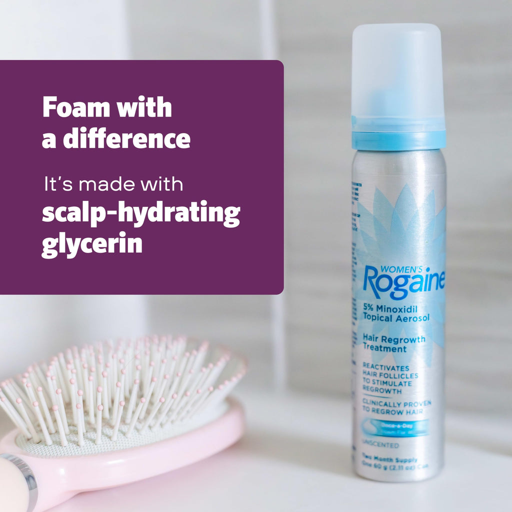 Women's Rogaine 5% Minoxidil Topical Foam, Unscented, 2 x 2.11 oz | Once-a-Day Hair Loss Treatment for Women, Regrow Fuller, Thicker Hair, Unscented, 4-Month Supply