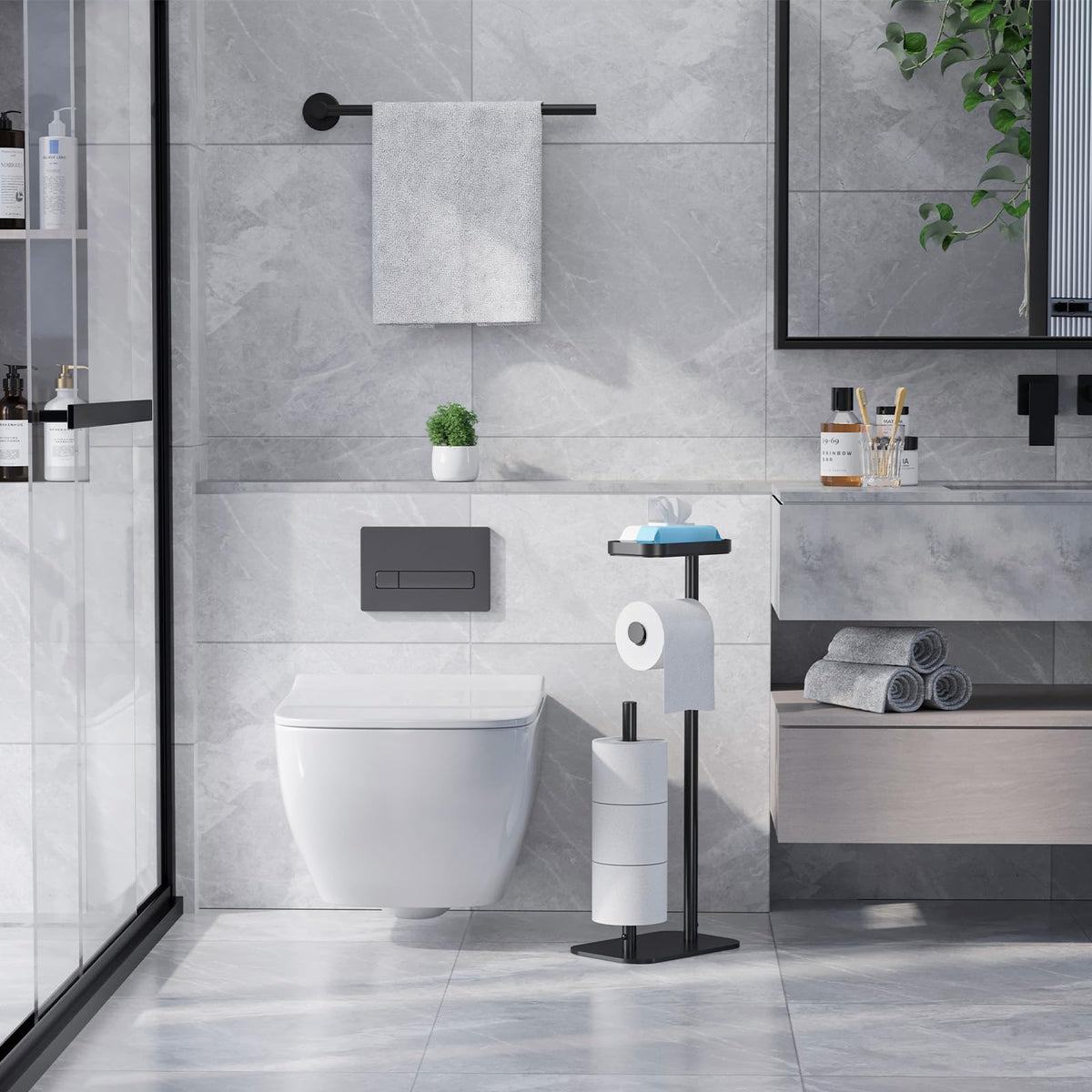 Kitsure Metal Toilet Paper Holder Free Standing, Medium, Black