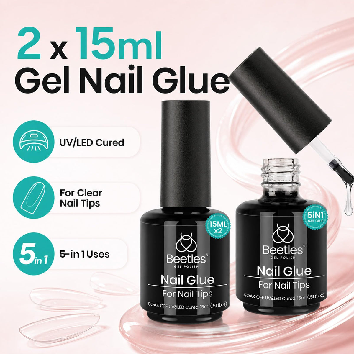 Beetles Gel Polish 2Pcs 15ml Nail Glue Kit for Acrylic Nails | 5 in 1 Super Strong Brush in Nail Gel Glue for False Nails Tips and Gel Nail Polish Led Lamp Required