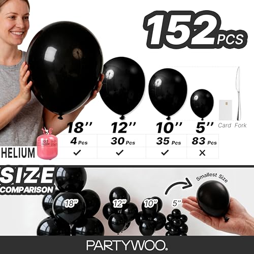 PartyWoo Black Balloons 152pcs Different Sizes of 18 12 10 5 Inch | Balloons for Baby Shower Birthday Graduation Casino Gaming Anniversary Race Car Baby Party Decorations Black-Y18