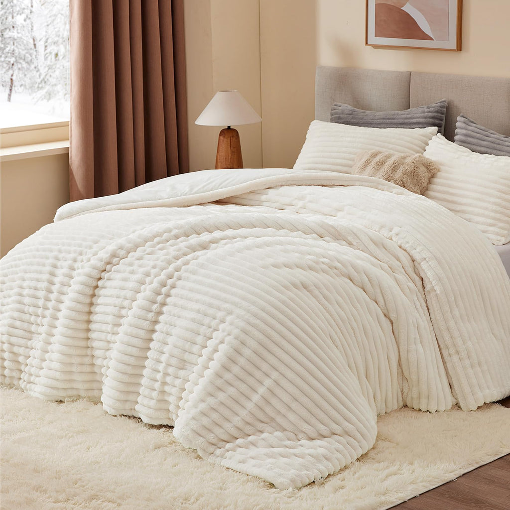 BEDELITE Fleece Queen Comforter Set, Fluffy Bed Set, Cream White | Super Soft & Warm Bedding, Luxury Fuzzy Faux Fur Comforter for Winter, Heavy Plush Bedding, with 2 Pillowcases