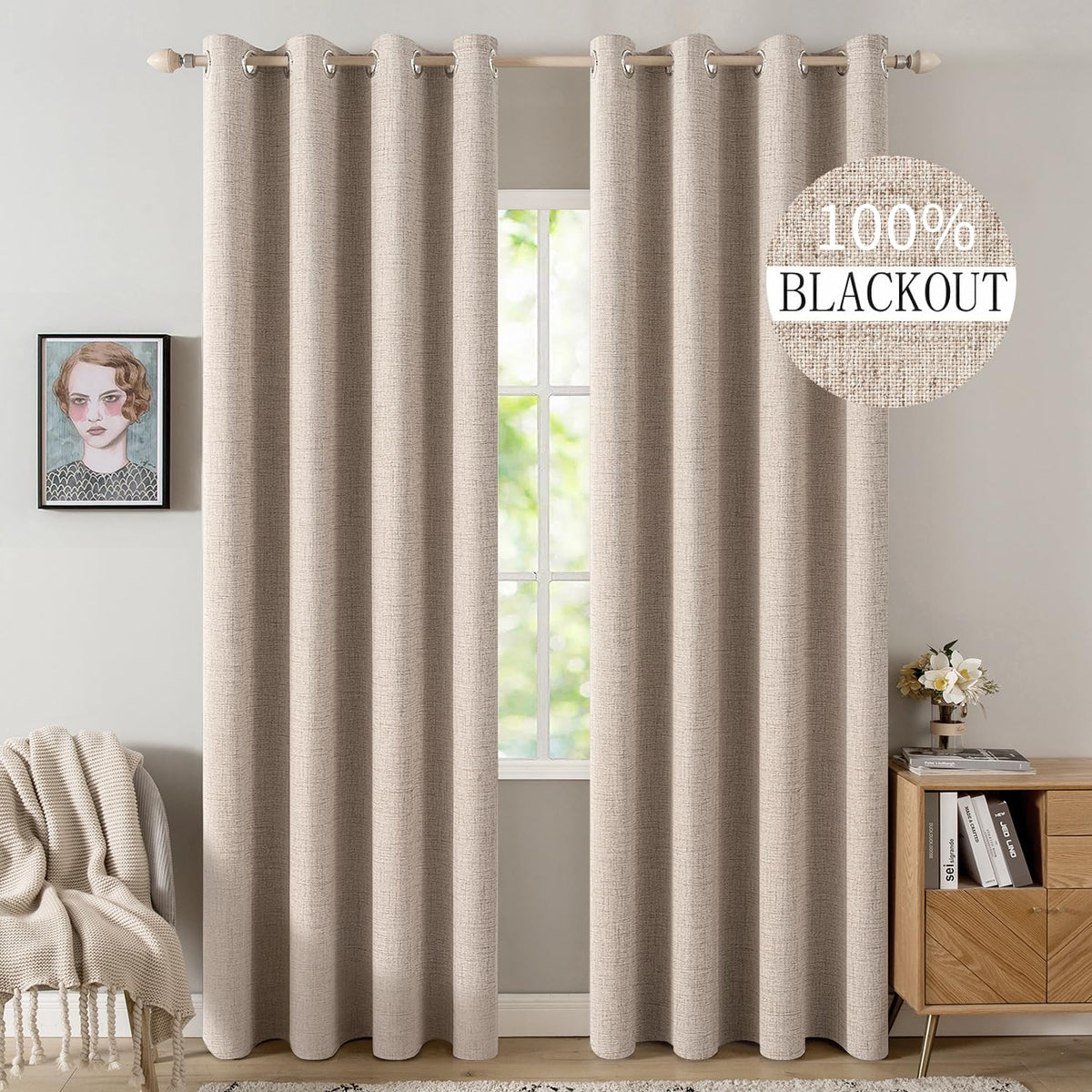MIULEE 100% Blackout Linen Curtains for Bedroom 52x84 Inches Natural Beige | Room Darkening, Light Blocking, Thermal Insulated, Grommet Top, Linen Textured, Window Curtains for Living Room, 2 Panels