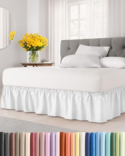 CGK Wrap Around Dust Ruffle Bed Skirt - Queen Size, 15" Inch, White | Easy Fit Elastic Strap, Adjustable Pleated Bedskirt w/Brushed Fabric, Wrinkle & Fade Free, for Women, Men, Kids & Teens