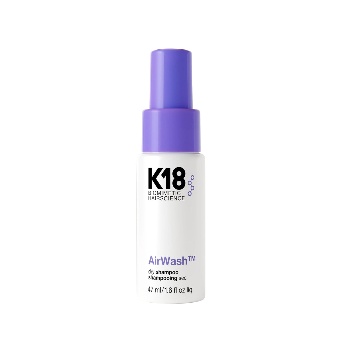 K18 AirWash Travel Non Aerosol Dry Shampoo Spray, 1.6 Fl Oz | Eliminate Odor, Reduce Oil + Sweat, No White Cast or Heavy Fragrance, Fresh Hair + Scalp for 3 Days
