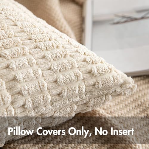 MIULEE Corduroy Decorative Throw Pillow Covers 18x18 Cream White Pack of 2 | Soft Boho Striped Pillow Covers Modern Farmhouse Home Decor For Sofa Living Room Couch Bed