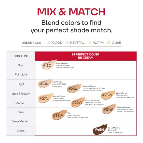 MISSHA M Perfect Cover BB Cream No.23 Natural Beige SPF 42 PA+++ 1.69 oz | Light-medium cool-neutral skin; tinted moisturizer for face, buildable coverage, smooth natural finish, daily wear