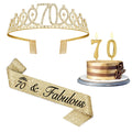 70th Birthday Decorations for Women Gold with Sash and Tiara, Gold Number Candles, 70th Birthday Gifts for Women