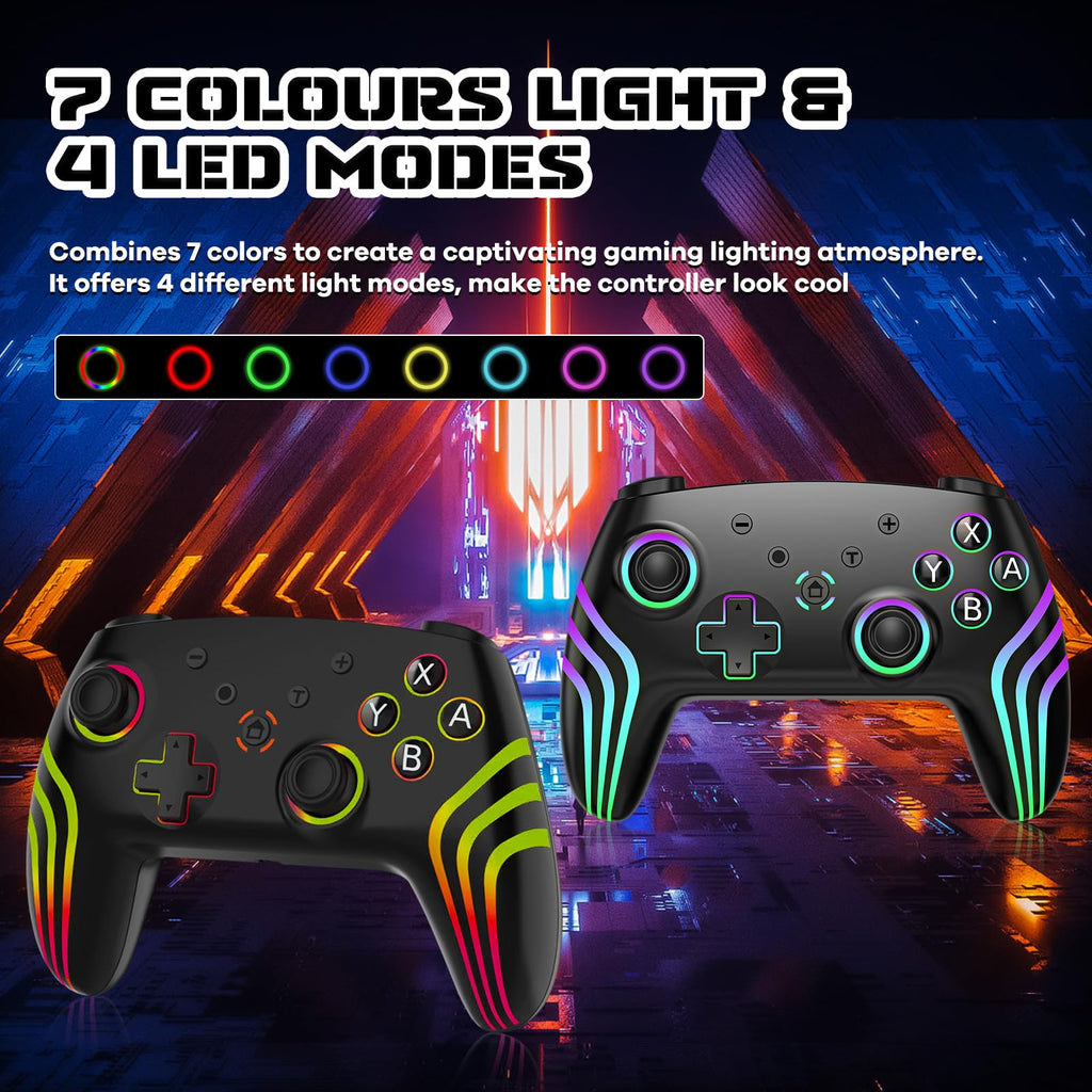 MYSTILUCK Wireless Pro Controller for Switch/Switch 2/Lite/OLED/PC | Gamepad with 7 Color-Changing RGB Lighting/Dual Vibration/6-Axis Gyroscope/Turbo, Ergonomically Designed Precise Joystick