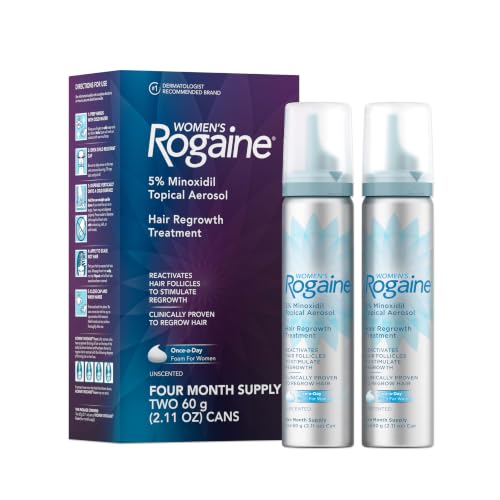 Women's Rogaine 5% Minoxidil Topical Foam, Unscented, 2 x 2.11 oz | Once-a-Day Hair Loss Treatment for Women, Regrow Fuller, Thicker Hair, Unscented, 4-Month Supply