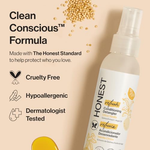 The Honest Company Hair Detangler, Citrus Vanilla Refresh, 4 fl oz | Leave-In Conditioner & Detangler Spray, 4 Fl Oz. Tear-Free, Hypoallergenic. Gentle For Baby's Sensitive Skin.