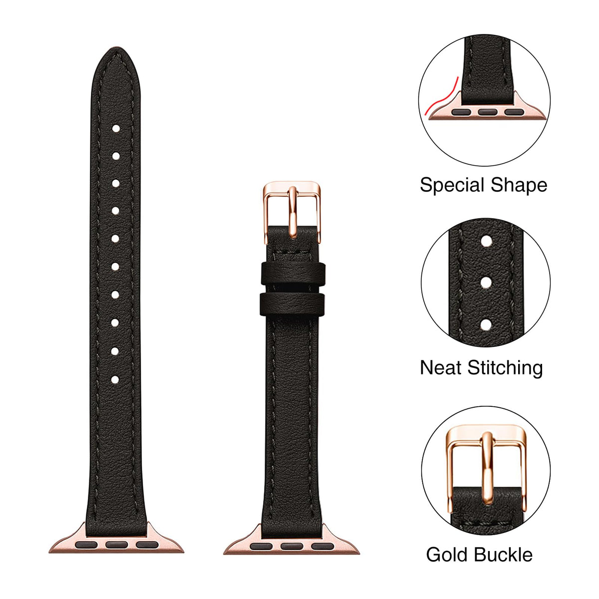 STIROLL Slim Leather Band Compatible with Apple Watch Bands for Women | Genuine Leather Thin Strap, 40/41/38/42mm(Series 12 11 10), Fits iWatch SE 9 8 7 6 5 4 3 2 1, for Small Wrists, Daily Wear