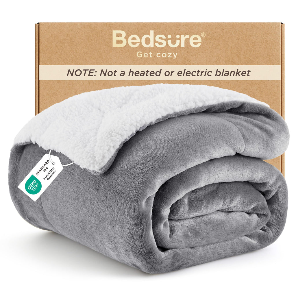 Bedsure GentleSoft Sherpa Fleece Throw Blanket for Couch, Non-Heated, Thick & Warm Cozy Comfort Christmas Blanket for Winter Fall, Soft Fuzzy Plush Throw Gifts for Women and Men, Grey, 50x60 Inches