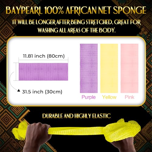 UJFQBH 3 Pack African Net Sponge, African Exfoliating Net Bath Sponge Long Net Bath Sponge Exfoliating Shower Body Scrubber Back Scrubber Skin Smoother,Great for Daily Use (Pink,Yellow,Purple)