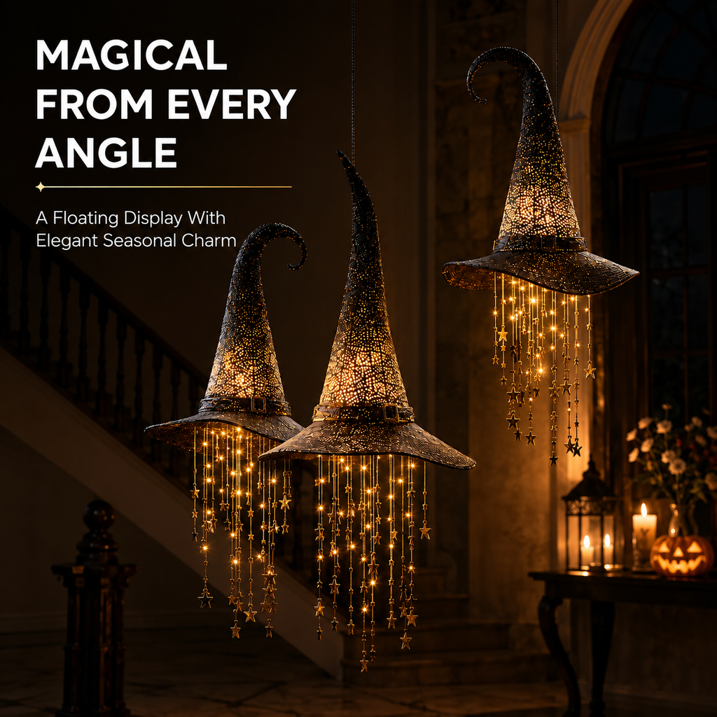 🎃Halloween Lighted Witch Hat Wind Chime, Glowing Hanging Chime Decoration, Spooky LED Witch Hat Ornament for Yard, Window & Party Decor
