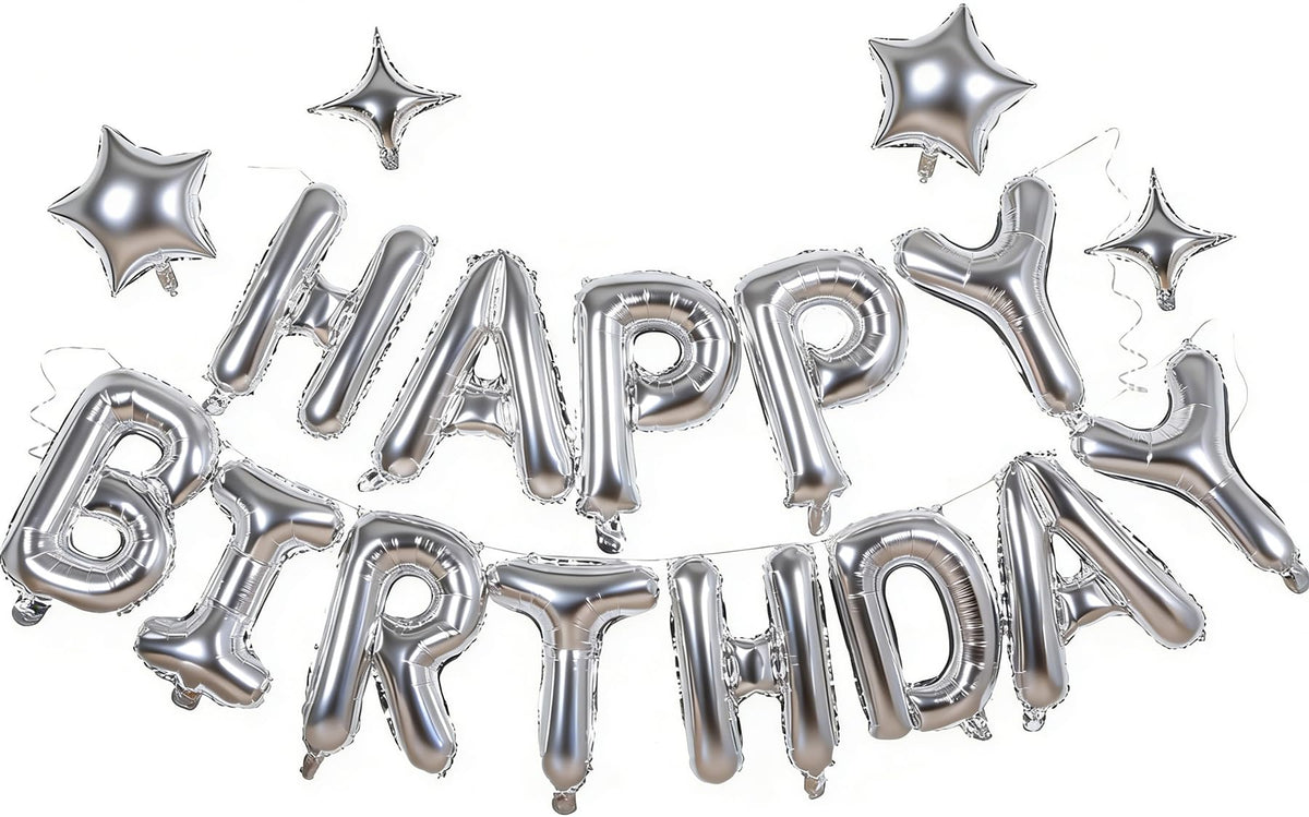 Silver Happy Birthday Balloons Banner Sign Mylar letter Party Decoration | Include Aluminum Foil Four、Five Pointed Star Suitable for Kids, Men, Women, Boys and Girls, Properly Stored and Reusable.