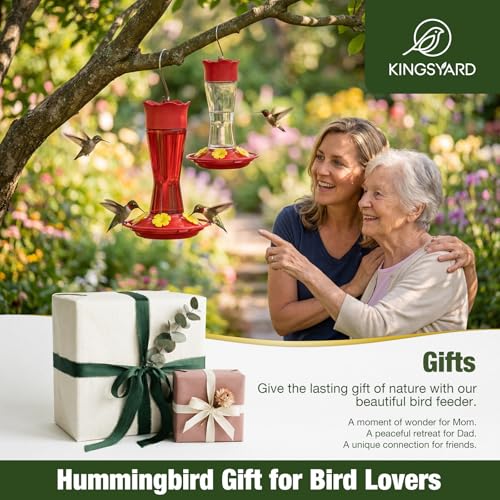 Kingsyard 2-Pack Glass Hummingbird Feeder for Outdoors Hanging, 10 oz Leak-Proof Humming Bird Feeders with Ant Moat & Bee Proof Feeding Ports, Hummingbird Gift for Bird Lovers (Clear)