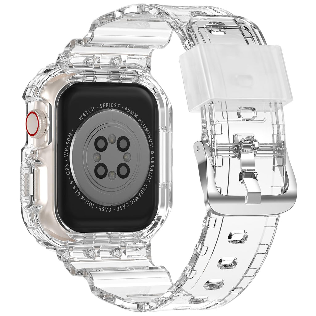 XYF Compatible for Crystal Clear Apple Watch Bands 45/44mm CrystalClear | Jelly Sport Strap&Bumper Case Cover for Men Women,Compatible for iWatch Series 9 8 7 6 5 4 SE 3 2 1,45mm/44mm Crystal Clear