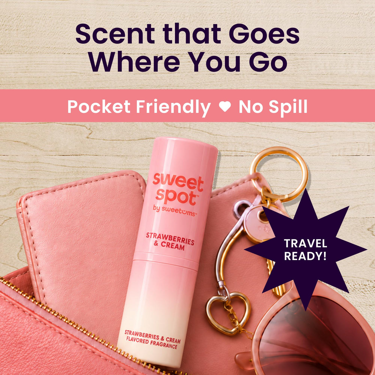 Sweetums SweetSpot Portable Strawberries & Cream Perfume Stick | Flavored, long lasting non sticky formula with natural ingredients, portable solid fragrance stick for women's everyday use