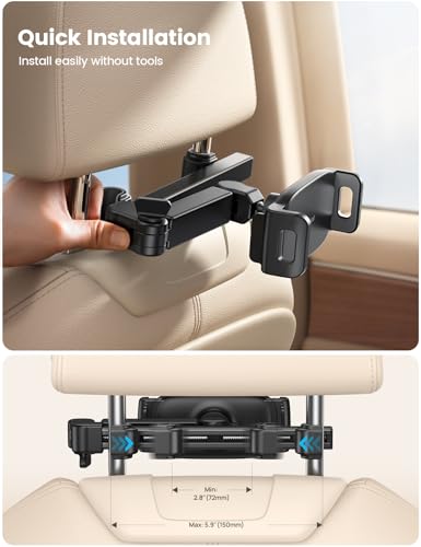 Lamicall Car Headrest Tablet Holder, 3 in 1 Extension Adjustable Arm | Tablet Car Mount for Back Seat, Gifts Road Trip Essentials for Kids, for 4.7-11" Devices, iPad Pro Air Mini, Galaxy, Fire HD