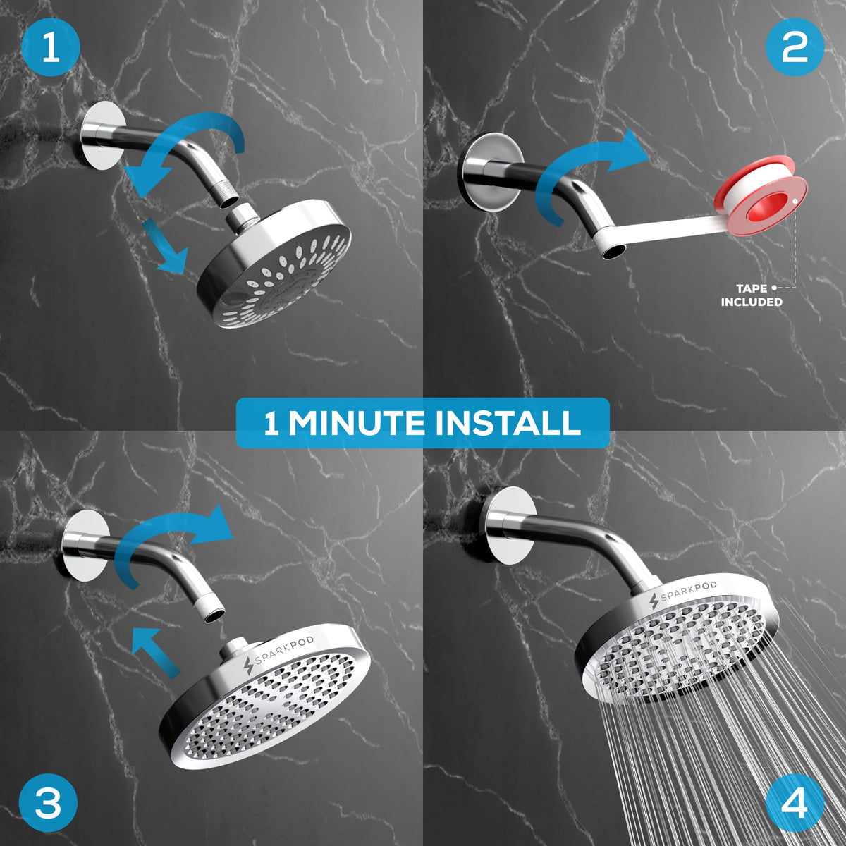 SparkPod Rain Shower Head, 6 Inch Round, Luxury Polished Chrome Finish | High Pressure Shower Heads, 90 Nozzles, Adjustable Showerhead, No Tools Needed, Universal Connection