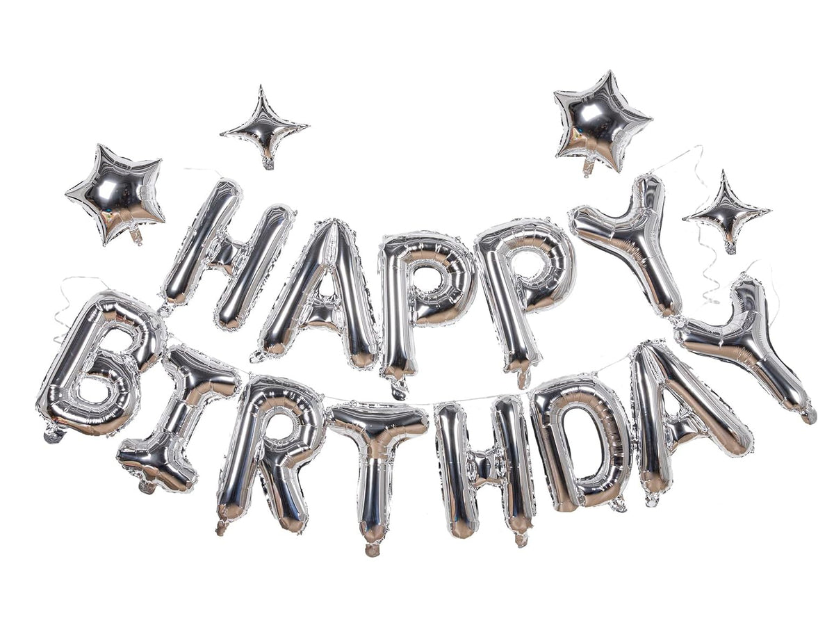 Silver Happy Birthday Balloons Banner Sign Mylar letter Party Decoration | Include Aluminum Foil Four、Five Pointed Star Suitable for Kids, Men, Women, Boys and Girls, Properly Stored and Reusable.