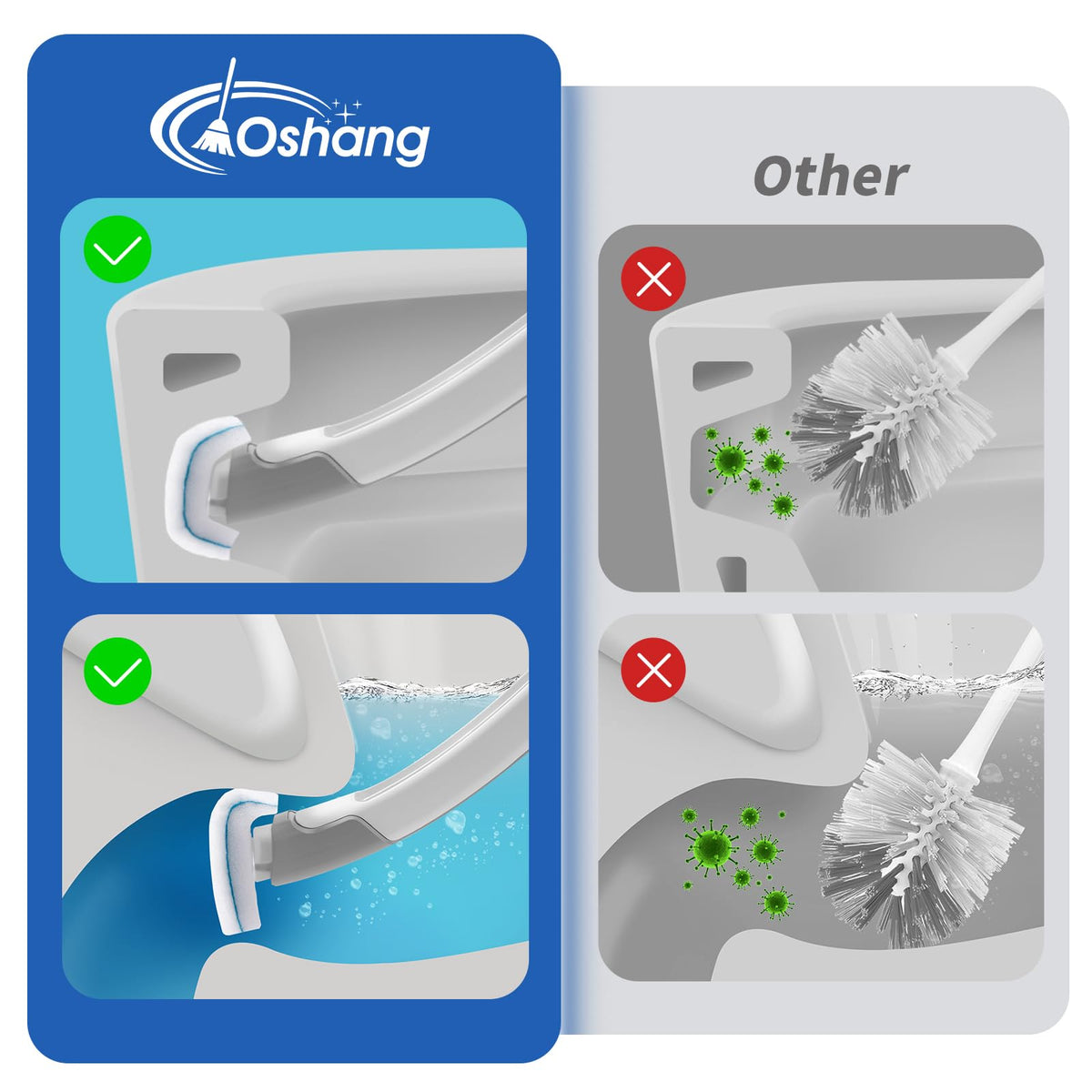 oshang Disposable Toilet Brush - Toilet Bowl Cleaner, Toilet Cleaning Supplies, Toilet Brush with Holder, 14 Refills for Deep Cleaning and Hygienic Bathroom Maintenance