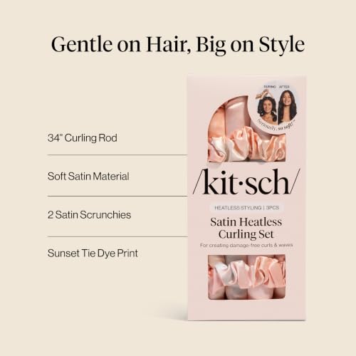 Kitsch Satin Heatless Curls Overnight Set - Sunset Tie Dye | No Heat Damage Overnight Curls | Comfortable Frizz Free Hair Curlers To Sleep In with 34" Hair Waver & 2 Satin Scrunchies