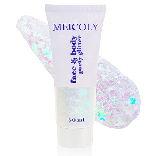 MEICOLY Clear White Face Body Glitter Gel, Halloween Mermaid Fairy Hair Glitter Makeup for Kids Women,Sparkly Party Singer Concerts Glitter Gel,Mardi Gras Rave Running Half Marathon Accessories,50ml