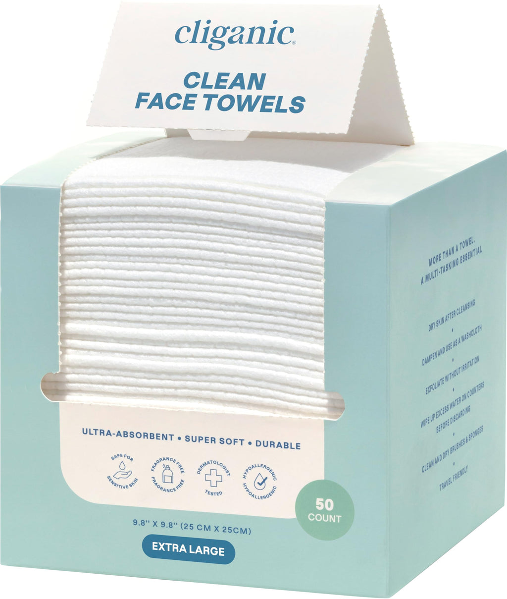 Cliganic Face Towels XL, Disposable Makeup Remover, Soft Dry Wipes, 50 ct | Ultra-Absorbent, Gentle Facial Cloths for All Skin Types, Hypoallergenic, Lint-Free Cleansing, Pamper Your Face, Feel Fresh