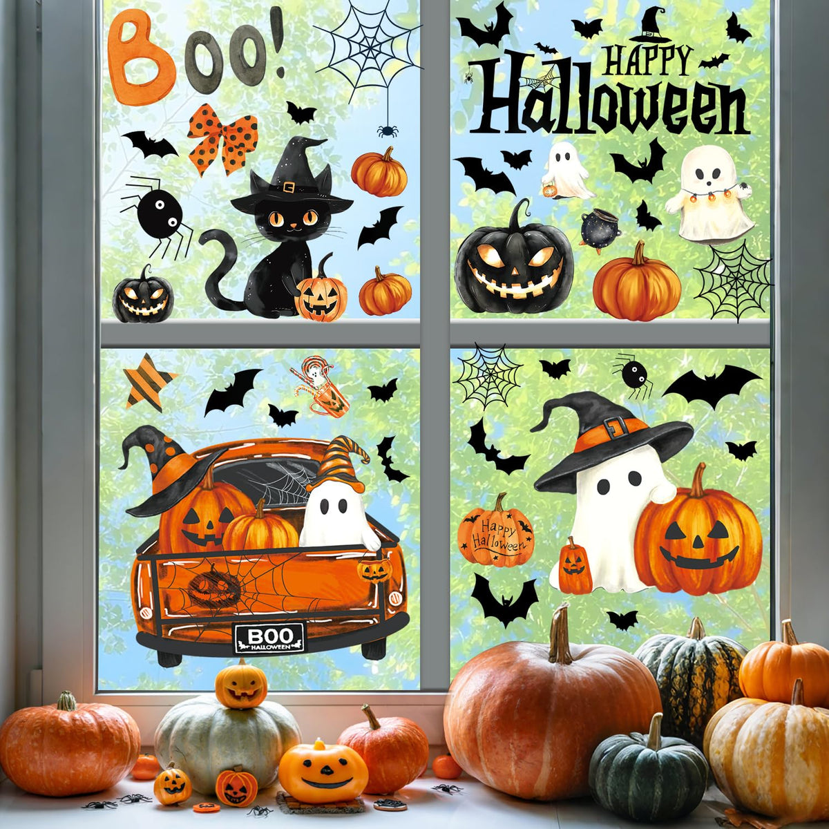 Halloween Window Clings Stickers Decor Fall Halloween Decorations Indoor | 8 Sheets Large Ghost Pumpkin Window Clings for Glass Windows & Doors, Holiday Window Decals for Home Office Classroom Parties