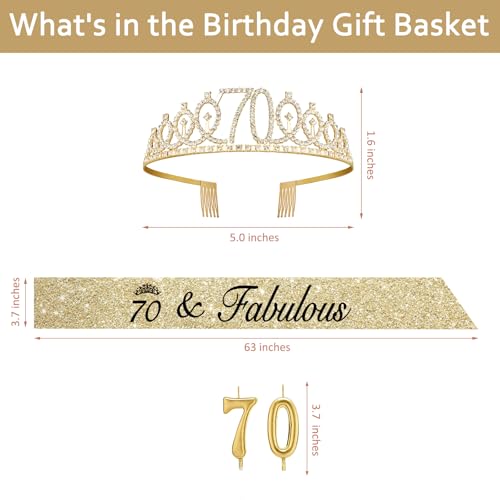 70th Birthday Decorations for Women Gold with Sash and Tiara, Gold Number Candles, 70th Birthday Gifts for Women