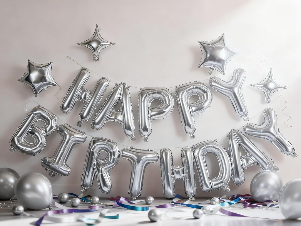 Silver Happy Birthday Balloons Banner Sign Mylar letter Party Decoration | Include Aluminum Foil Four、Five Pointed Star Suitable for Kids, Men, Women, Boys and Girls, Properly Stored and Reusable.