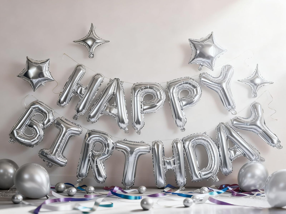 Silver Happy Birthday Balloons Banner Sign Mylar letter Party Decoration | Include Aluminum Foil Four、Five Pointed Star Suitable for Kids, Men, Women, Boys and Girls, Properly Stored and Reusable.