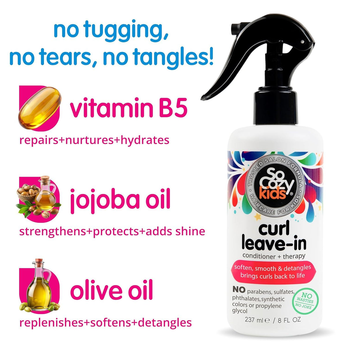 SO COZY Kids Curl Leave In Conditioner + Therapy Spray, 8 Fl Oz | Helps Detangle, Soften & Smooth Curls with Keratin, Vitamin B5, Olive Oil & Jojoba Oil, Paraben & Sulfate-Free