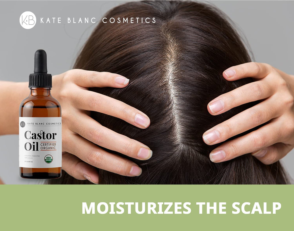 Kate Blanc Cosmetics Castor Oil Organic for Hair, Lashes, Face, Skin (2oz) | 100% Pure, Cold Pressed, Hexane Free Hair Oil in Glass Bottle. Lash Serum for Thicker-Looking Eyelashes & Eyebrows