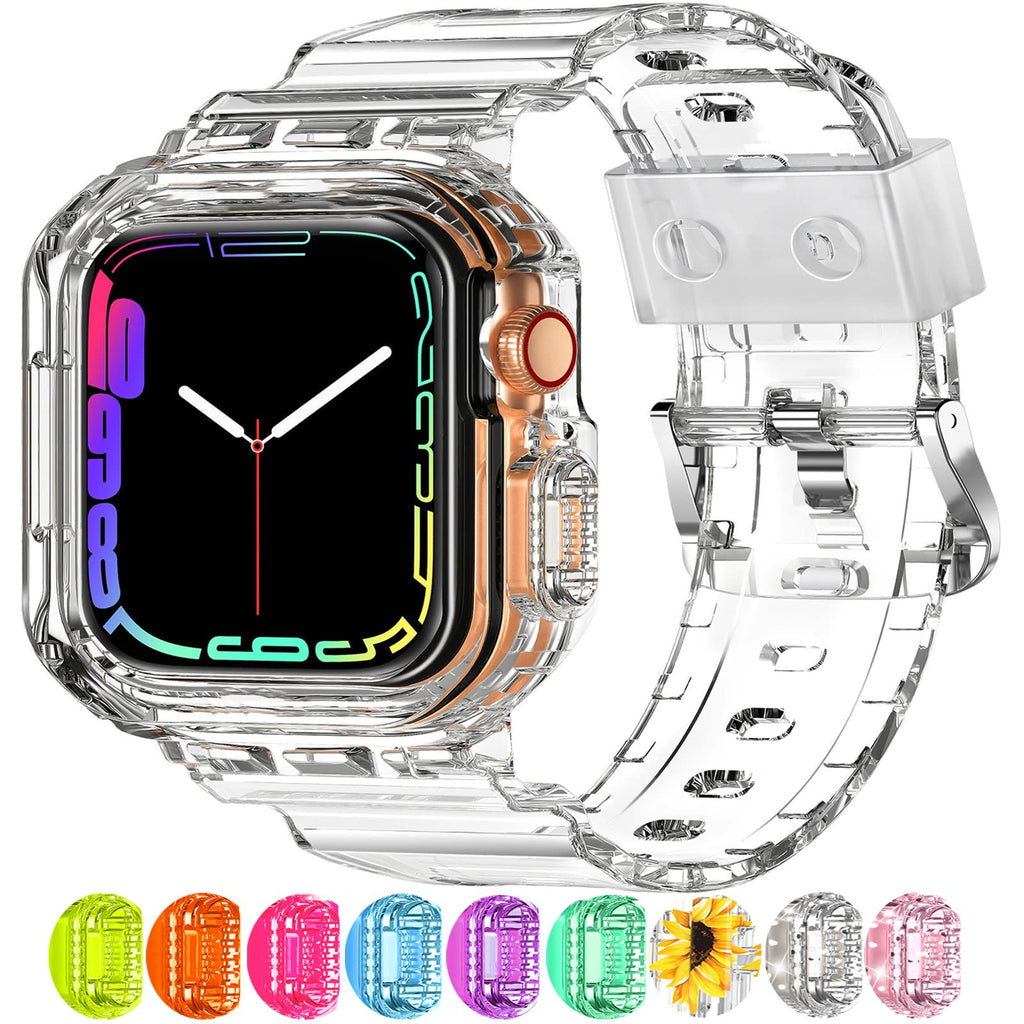 XYF Compatible for Crystal Clear Apple Watch Bands 45/44mm CrystalClear | Jelly Sport Strap&Bumper Case Cover for Men Women,Compatible for iWatch Series 9 8 7 6 5 4 SE 3 2 1,45mm/44mm Crystal Clear