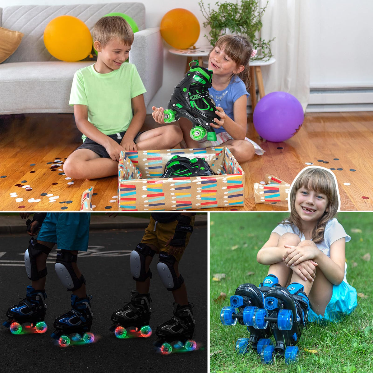 Kids Roller Skates for Boys - Green for Toddler Little Kids Age 4 5 6 7- Adjustable All Light up Wheels Indoor Outdoor Sports Birthday Gift for Son and Grandson
