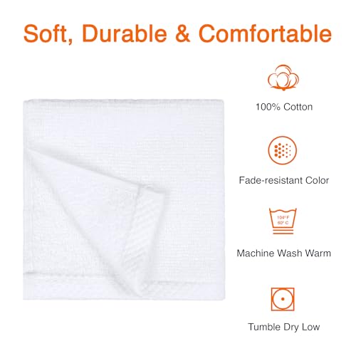 Amazon Basics Cotton Washcloths, Lightweight Quick-Dry, Absorbent Face and Body Towel Set, 12" x 12", White, 12-Pack