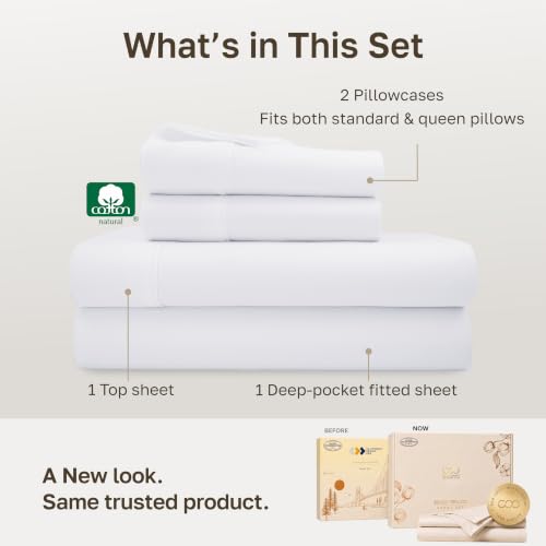 California Design Den Soft 100% Cotton Sateen Queen Bed Sheets Set, White | 400 Thread Count Backed by Good Housekeeping Seal, 16" Deep Pocket, All-Around Elastic, Durable, Easy Care