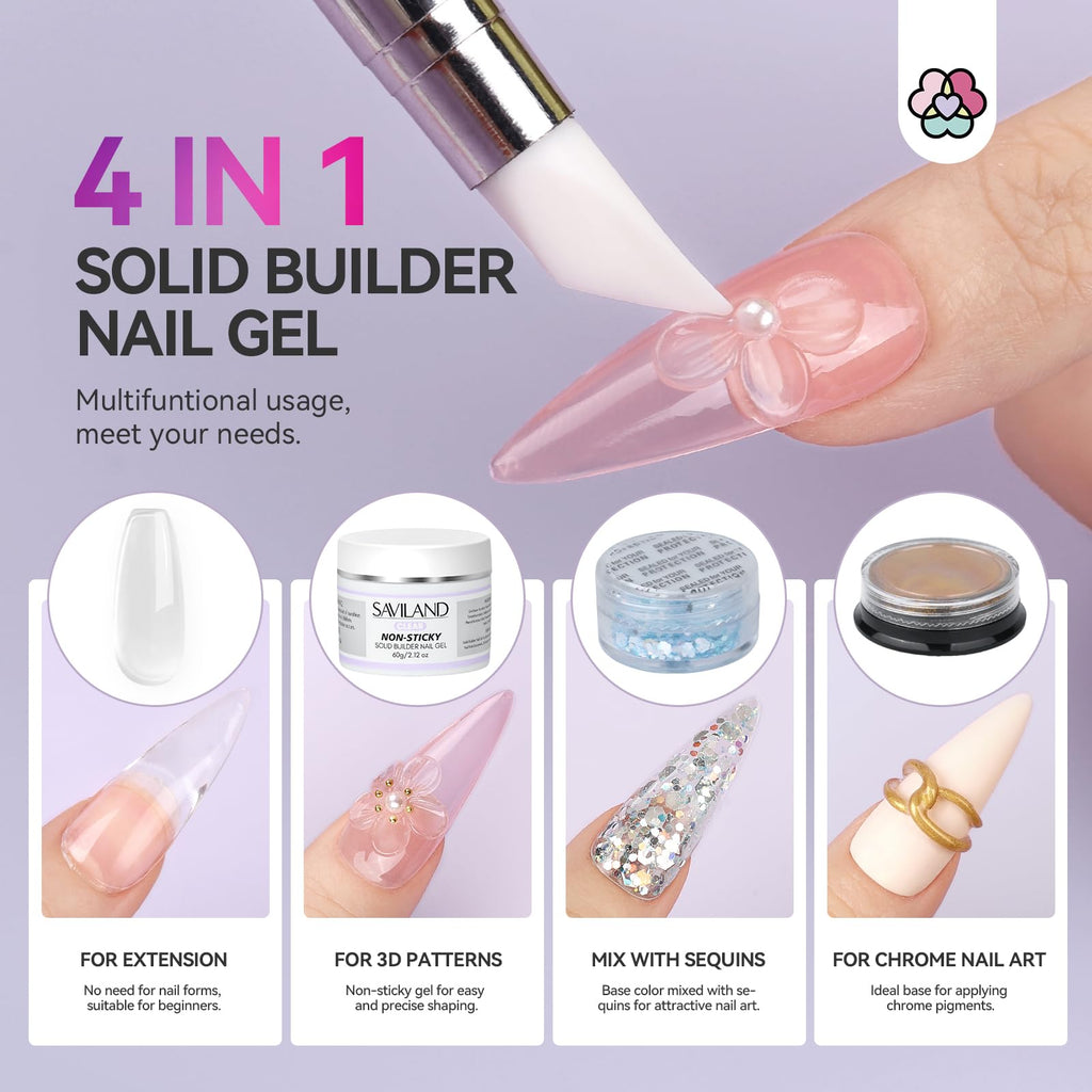 SAVILAND 60g Solid Builder Nail Gel Non-Sticky Sculpting Gel for Nail Art | 3d Sculpting Molding Gel for Carving Pattern Extension, Clay like Texture with Sequins Chrome Powder, Nail Art Home Manicure