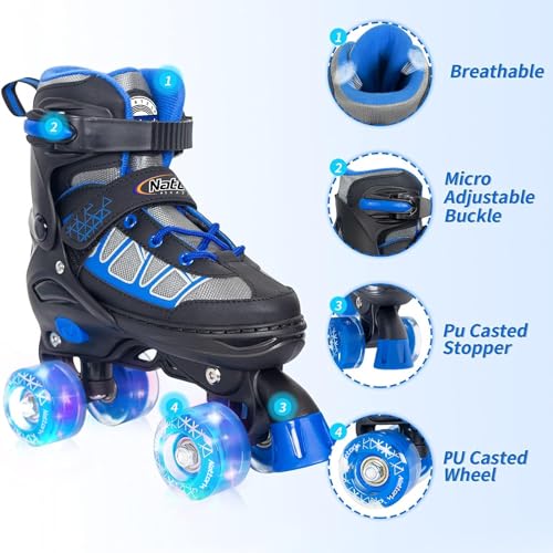 Nattork Roller Skates for Kids Boys Girls, 4 Size Adjustable Rollerskates with Light Up Wheels for Children Beginners for Outdoor Indoor