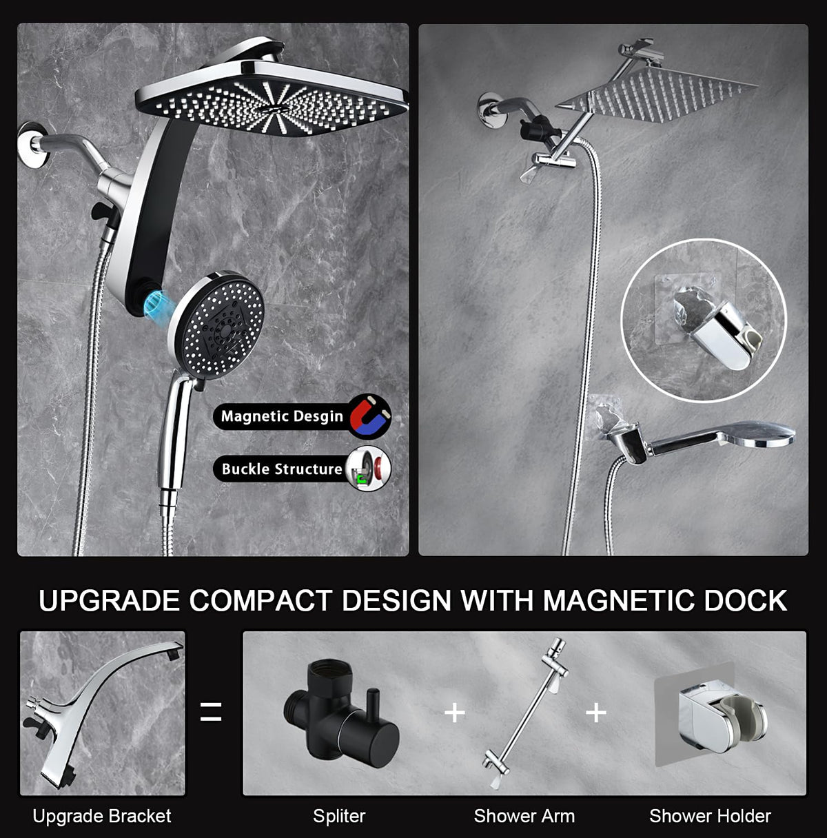 Rain Shower Head with Handheld Showerhead, Chrome 1.8GPM 460311 | 12" High Pressure Rainfall Shower Heads, 9 Sprays Handheld Showerheads, Magnetic Docking, Power Jets, 59" Shower Hose