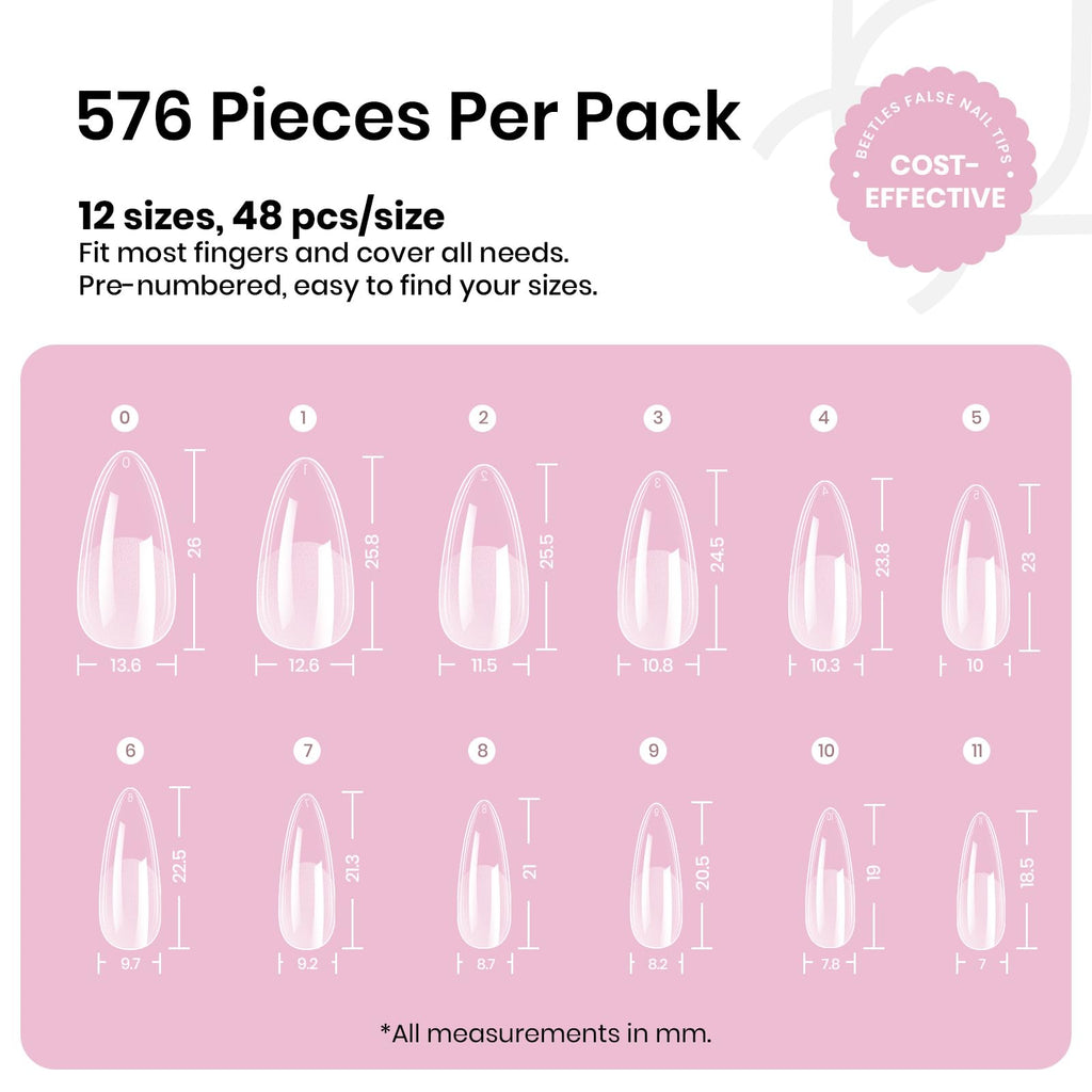 Beetles Medium Almond Nail Tips 576pcs 12 Sizes Pre-Etched Soft Gel Tips | Half Matte Full Cover Press on False Nail Tips Acrylic Nails DIY Extension Gift for Women